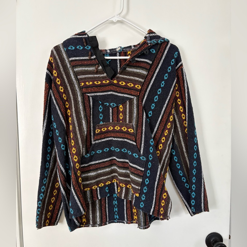 Multicolor Unisex Baja Hoodie Drug Rug Hippie Core Tribal Bohemian Style S-M